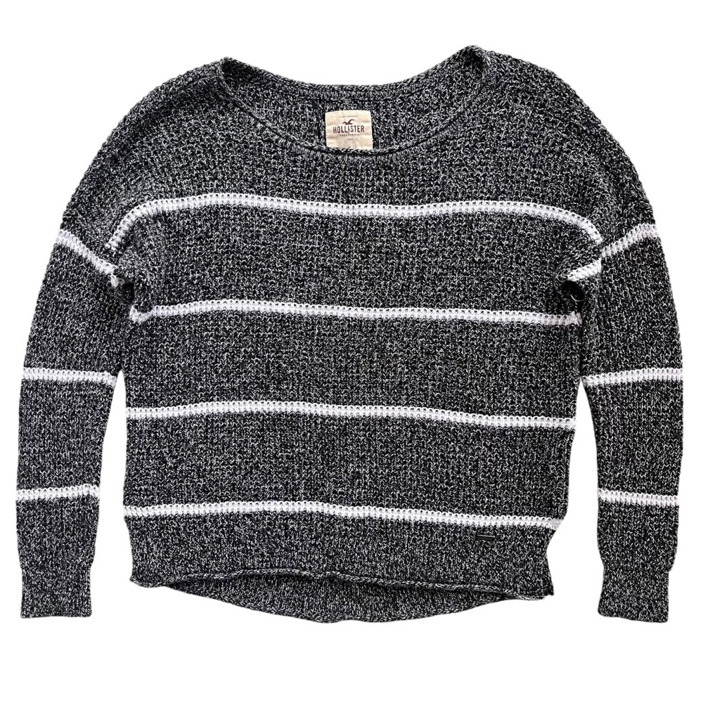 Hollister Womens S Black White Stripe Marled Knit Long Sleeve Round Neck Sweater